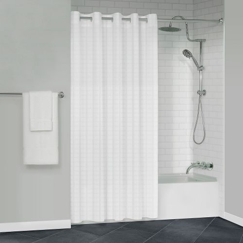 Protect360° Boxed Stripe Shower Curtain, Hook Free, Antimicrobial, Polyester, 71x74, White